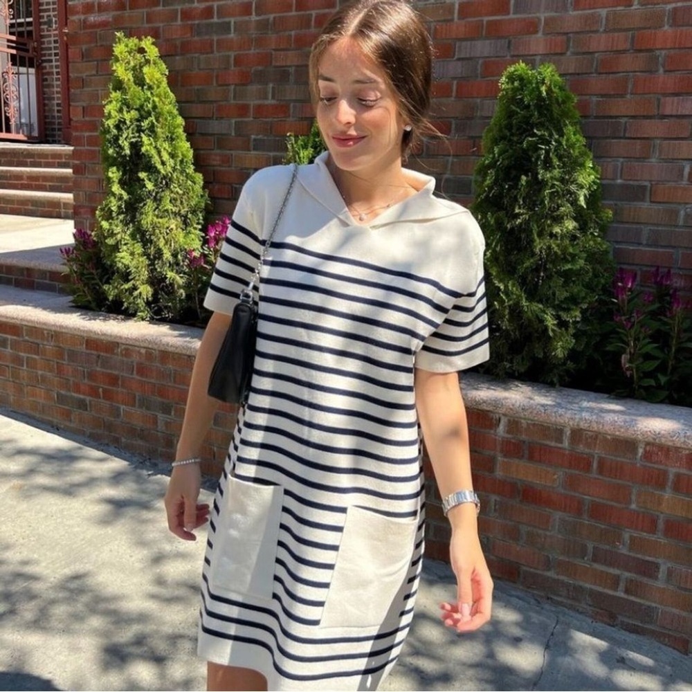 Zara Striped Knit Mini Dress Small Sailor Lapel Collar Pockets Cream Navy Costal - Picture 7 of 16